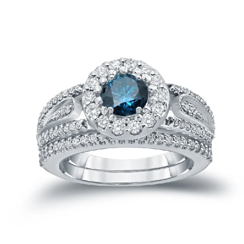 Ladies engagement ring with side diamonds-Auriya 1 3/5ctw Blue Halo Diamond Engagement Ring Set 14k Gold