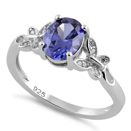 Ladies stackable ring-Sterling Silver Butterfly Tanzanite-tone CZ Ring