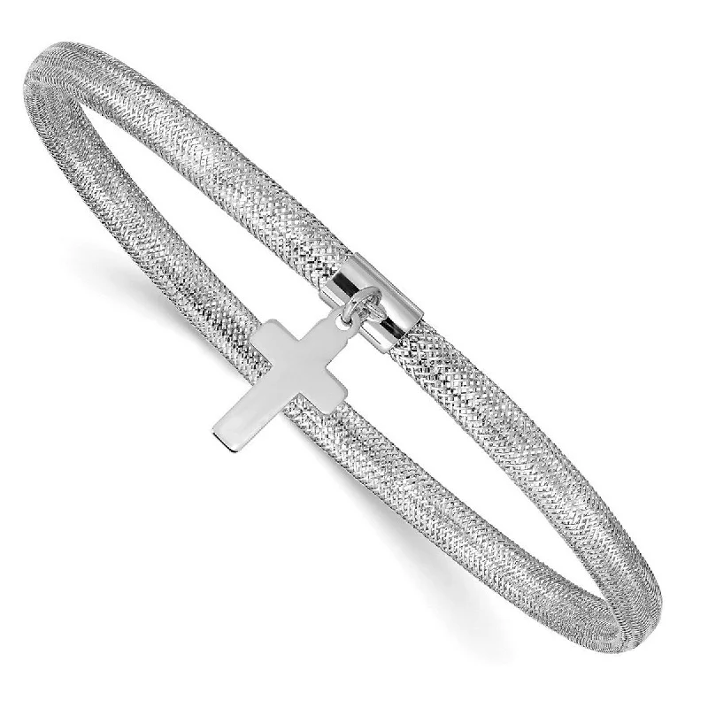 Ladies diamond-studded bracelet-Curata 14k White Gold 7" Dangling Cross 4mm Mesh Stretch Slip-on Bracelet