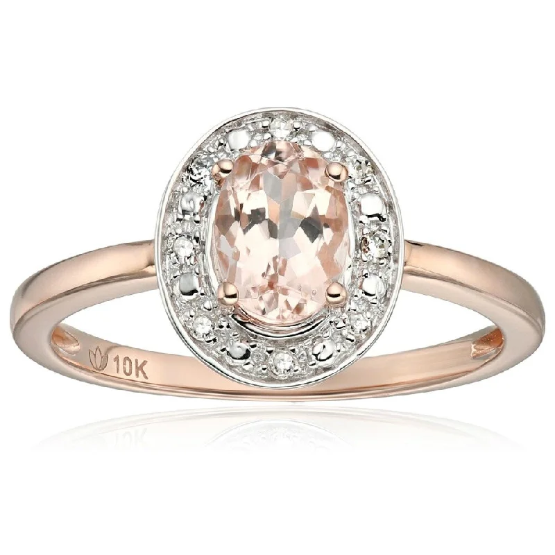 Ladies modern engagement ring-10k Rose Gold Morganite and Diamond Accented Classic Princess Di Halo Engagement Ring, Size 7