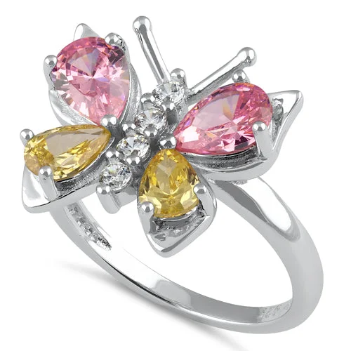 Ladies wedding ring-Sterling Silver Large Pink and Yellow CZ Butterfly Ring