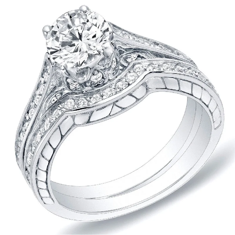 Ladies unique platinum engagement ring-Auriya 14k Gold 1ctw Carved Diamond Engagement Ring Set