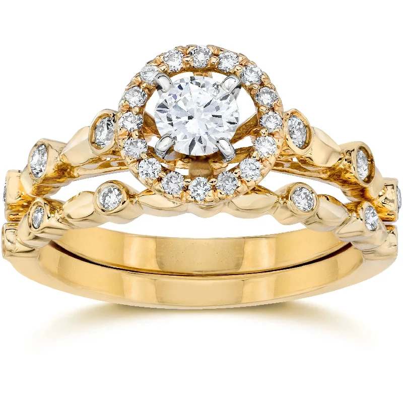 Ladies engagement ring with multiple stones-1/2 cttw Halo Diamond Engagement Wedding Ring Set Yellow Gold