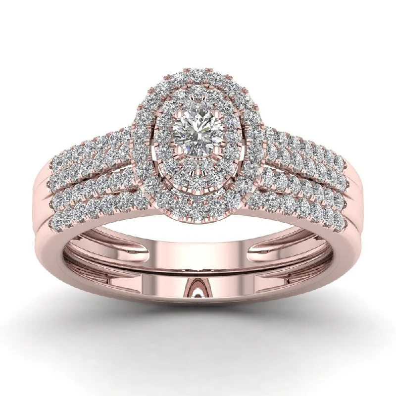 Ladies rose gold diamond engagement ring-De Couer IGI Certified 1/2ct TDW Diamond Halo Engagement Ring Set - Pink