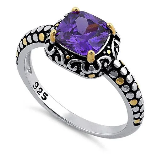 Ladies platinum ring-Sterling Silver Celtic Amethyst Cushion CZ Ring