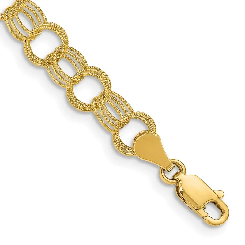 Ladies stretch bracelet-Curata 10k Yellow Gold 6mm Solid Triple Link Textured Charm Bracelet