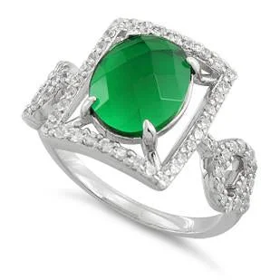 Ladies engagement ring with sapphire-Sterling Silver Emerald Oval Framed CZ Ring