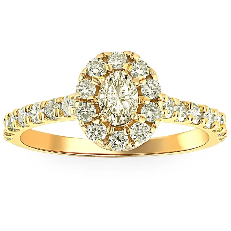 Ladies wedding engagement ring set-1Ct Natural Oval Diamond Halo Engagement Ring in Yellow Gold