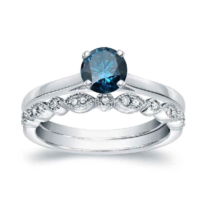 Ladies radiant cut engagement ring-Auriya Vintage Stackable 2/3ctw Solitaire Blue Diamond Engagement Ring Set 14K Gold