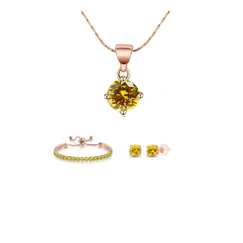 Ladies sterling silver bracelet-10K Rose Gold 7 Ct Round Created Yellow Sapphire Jewelry Set Necklace Earrings Bracelet