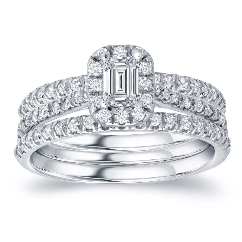 Ladies engagement ring with princess cut diamond-Auriya 1 1/4ctw Emerald-cut Halo Diamond Engagement Ring 3pc Set 14k Gold