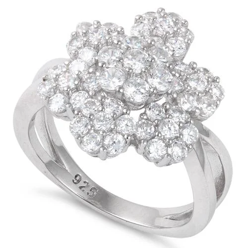 Ladies diamond ring-Sterling Silver Extravagant Flower CZ Ring