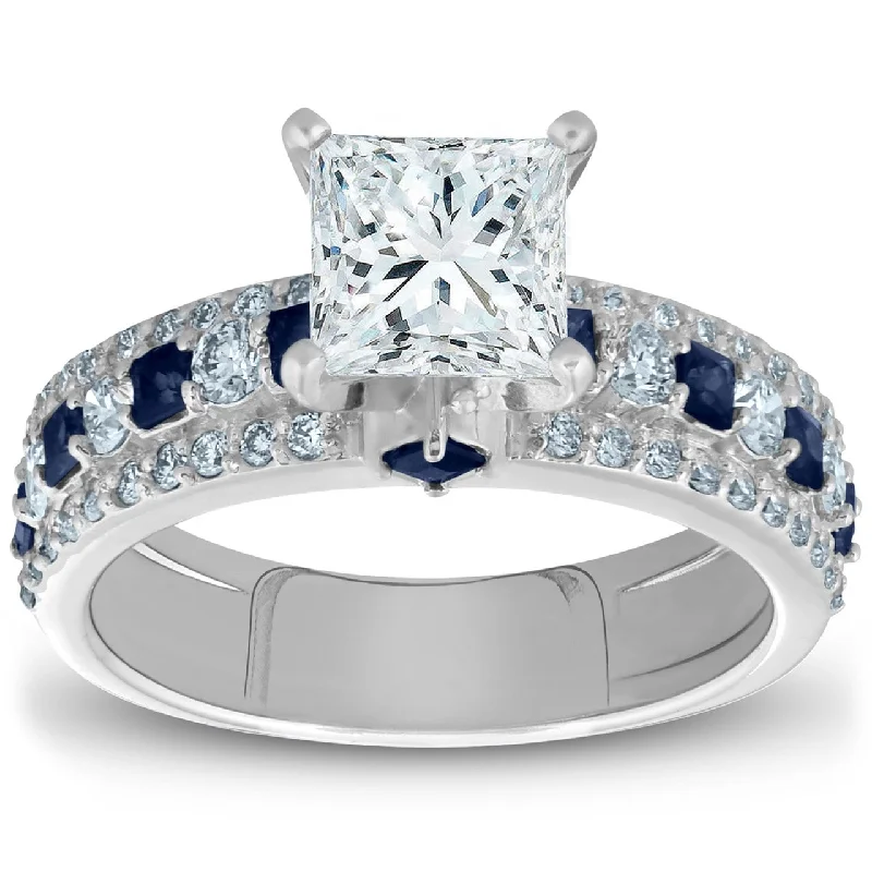 Ladies engagement ring with alternating stones-2 1/2ct Princess Cut & Blue Sapphire Diamond Engagement Ring White Gold