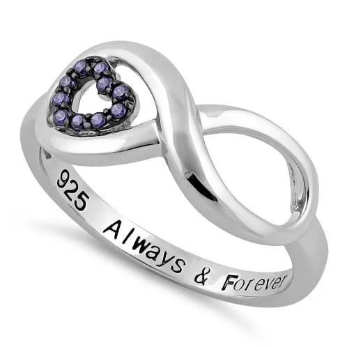 Ladies vintage diamond ring-Sterling Silver Infinity Amethyst Heart "Always & Forever" Engraved CZ Ring