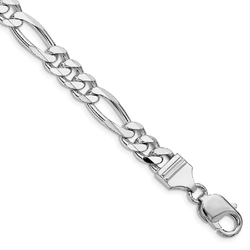 Ladies leather bracelet-925 Sterling Silver Rhodium-plated 7.75mm Figaro Chain Bracelet, 9"