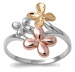 Ladies gold cocktail ring-Sterling Silver Tri Tone Flower Ring