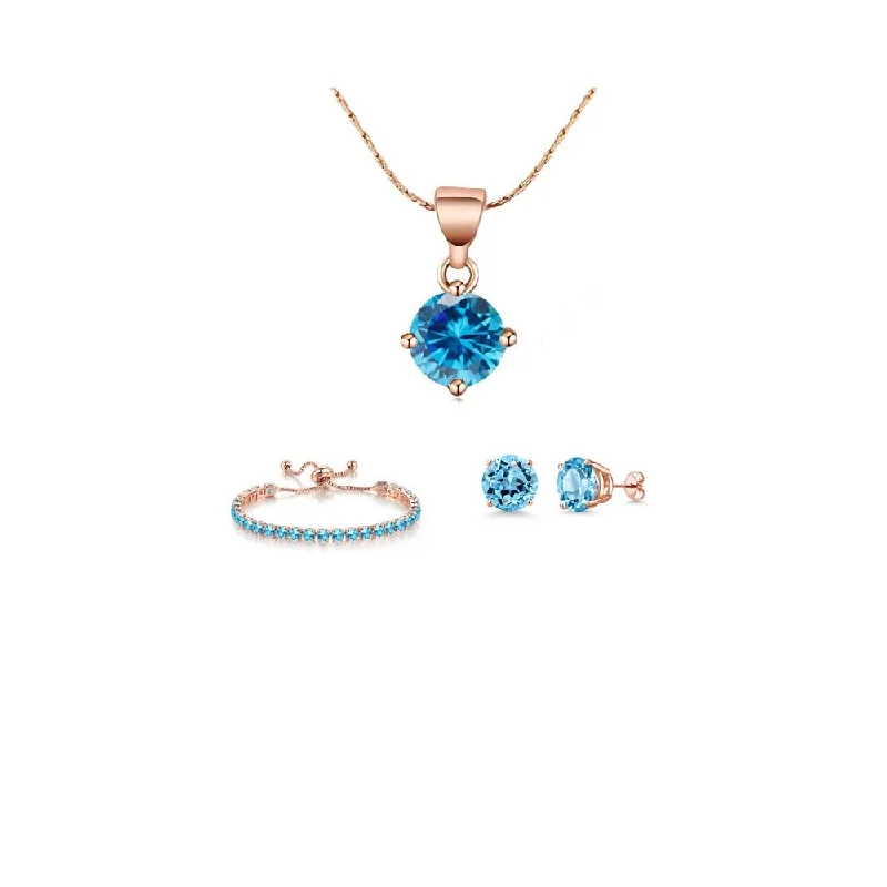 Ladies charm bracelet-10K Rose Gold 7 Ct Created Blue Topaz Necklace Earrings Bracelet Set Gift - 7CT