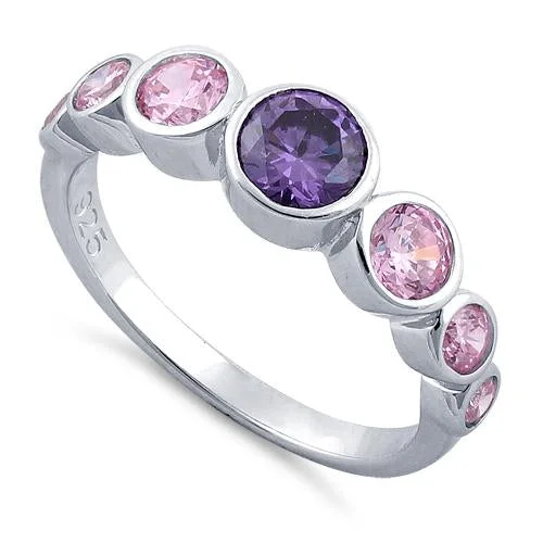 Ladies large ring-Sterling Silver Amethyst & Pink Seven Stone Round CZ Ring