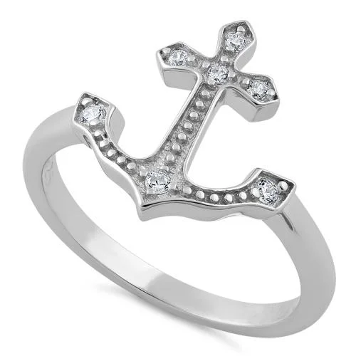 Ladies chunky ring-Sterling Silver Anchor Clear CZ Ring