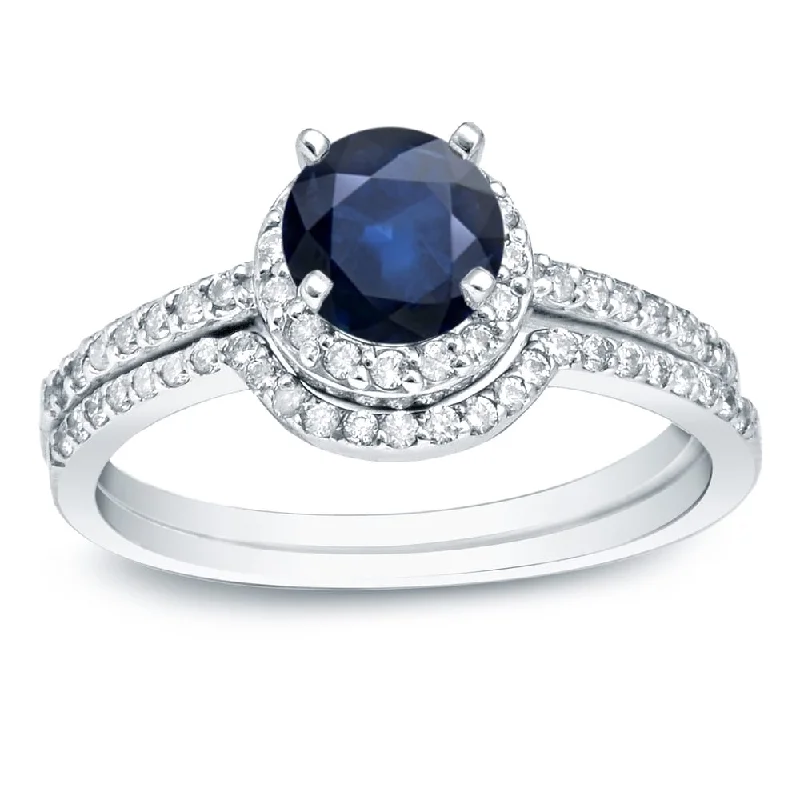 Ladies black diamond engagement ring-Auriya 14k Gold 3/5ct Sapphire and 2/5ctw Halo Diamond Engagement Ring Set