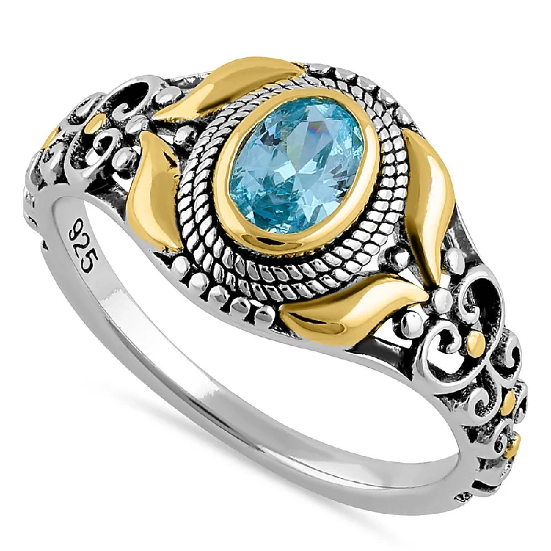 Ladies heart-shaped ring-Sterling Silver Gold Plated Detailing Austere Oval Cut Aquamarine CZ Ring