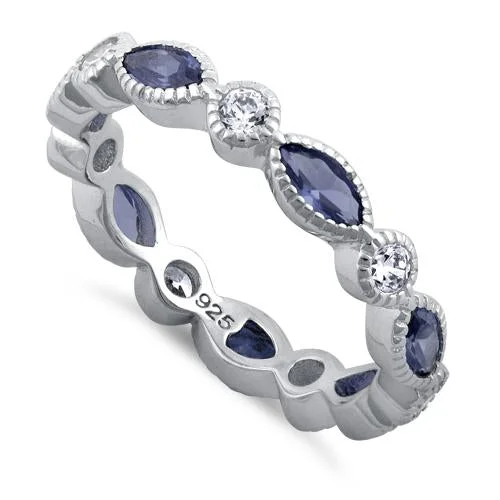 Ladies gemstone ring-Sterling Silver Round & Marquise Tanzanite CZ Eternity Ring