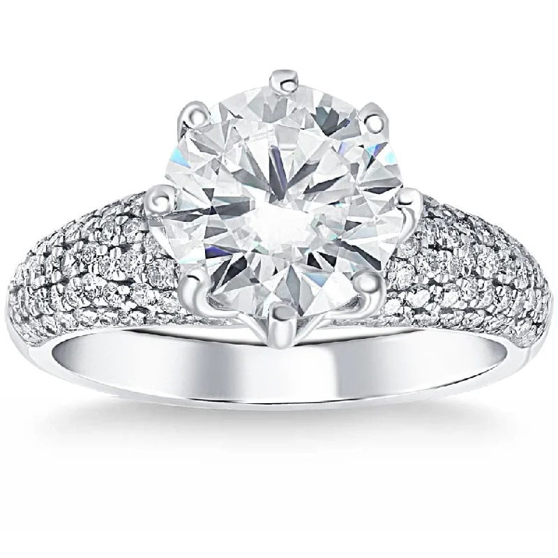 Ladies engagement ring with side stones-Certified 3.28Ct Round Diamond Engagement Ring Pave White Gold Lab Grown