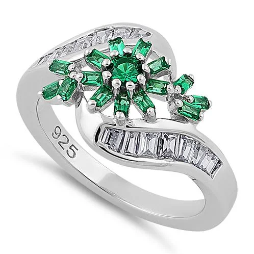 Ladies gold-plated ring-Sterling Silver Blooming Flower Emerald CZ Ring