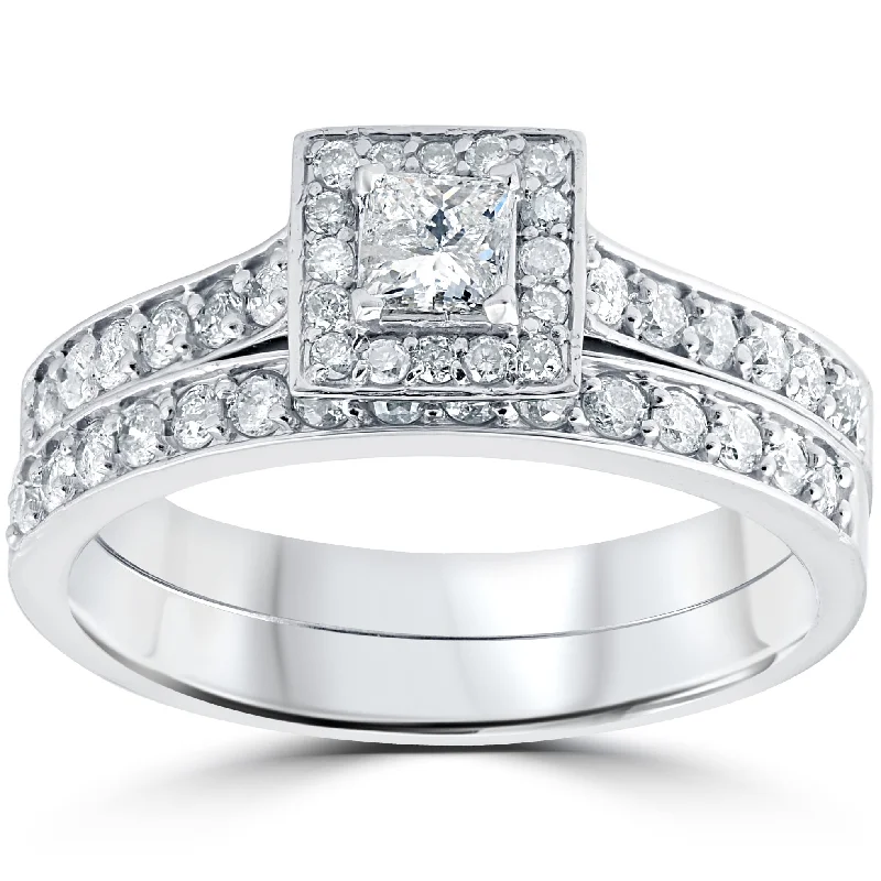 Ladies budget engagement ring-10k White Gold 3/4 cttw Princess Cut Diamond Halo Engagement Wedding Ring Set - White I-J - White I-J