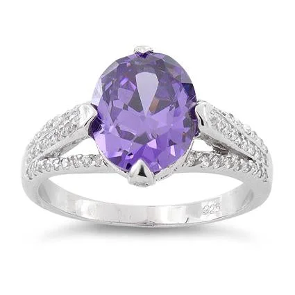 Ladies diamond solitaire ring-Sterling Silver Oval Amethyst CZ Ring