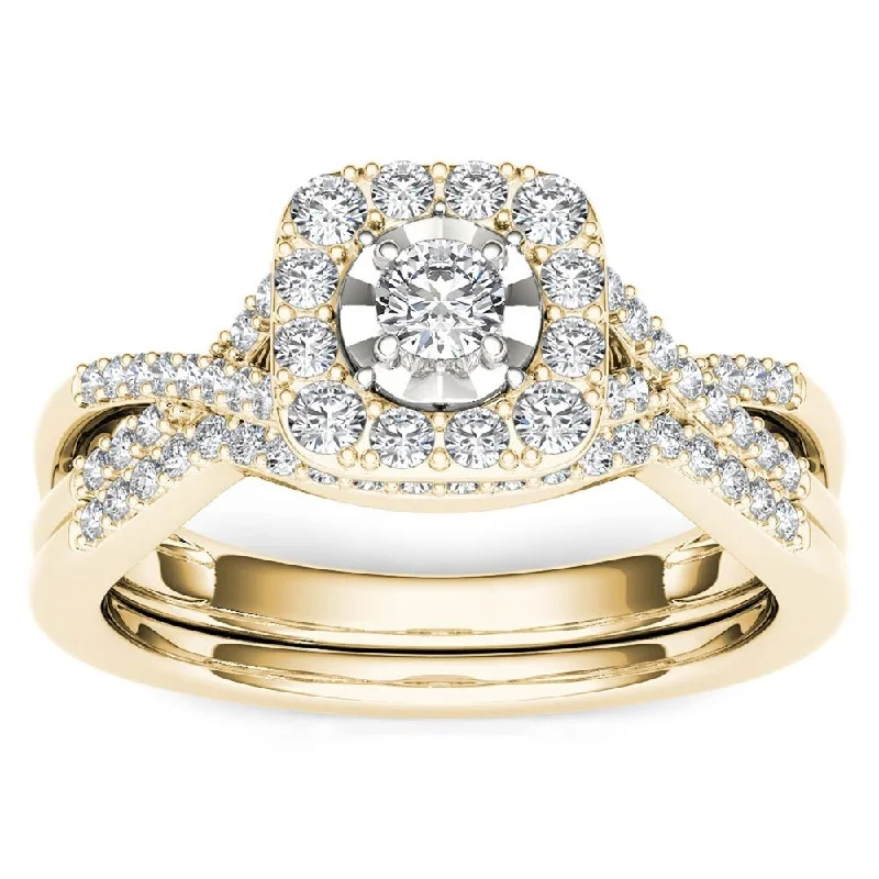 Ladies engagement ring with multiple stones-De Couer 10k Yellow Gold 2/5ct TDW Diamond Halo Engagement Ring Set with One Band