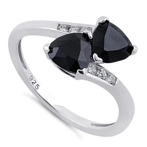 Ladies gold cocktail ring-Sterling Silver Double Trillion Cut Black CZ Ring