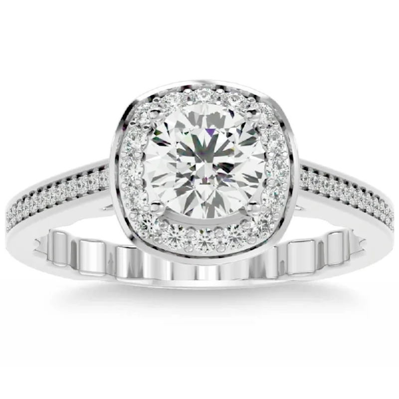 Ladies unique platinum engagement ring-1 1/3Ct Cushion Halo Moissanite Diamond Engagement Ring White Yellow Rose Gold