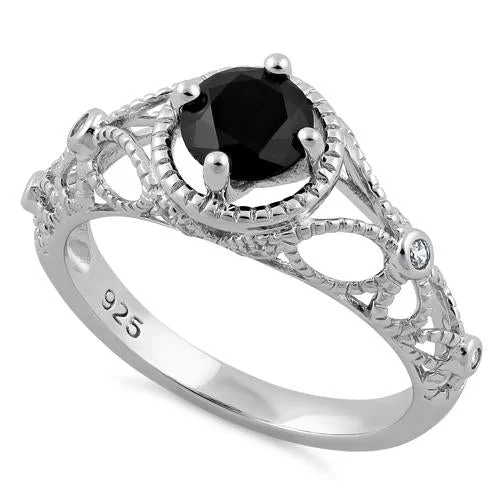 Ladies hammered ring-Sterling Silver Butterfly Design Black CZ Ring