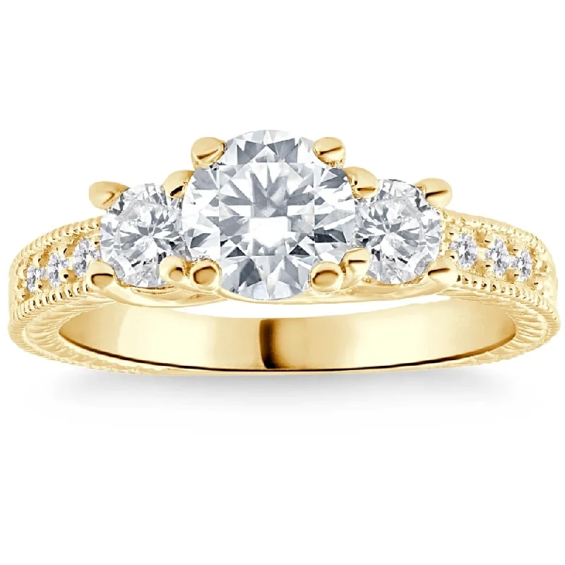 Ladies luxury engagement ring-1.80Ct Three Stone Diamond Engagement Ring Vintage Accents Yellow Gold