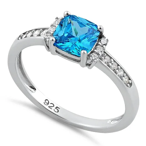 Ladies cocktail ring-Sterling Silver Cushion Blue Topaz CZ Ring