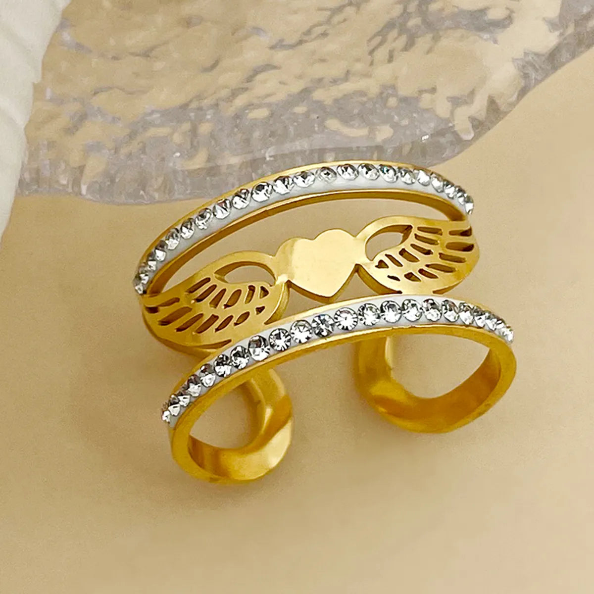 Ladies handmade diamond ring-Elegant Heart Shape Wings Stainless Steel Plating Inlay Zircon Gold Plated Open Rings