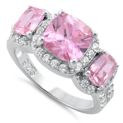 Ladies statement sapphire ring-Sterling Silver Pink Three Stone Halo CZ Ring