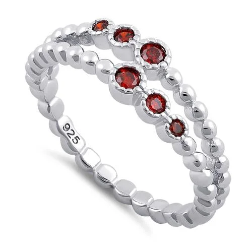 Ladies silver solitaire ring-Sterling Silver Double Beaded Garnet CZ Ring