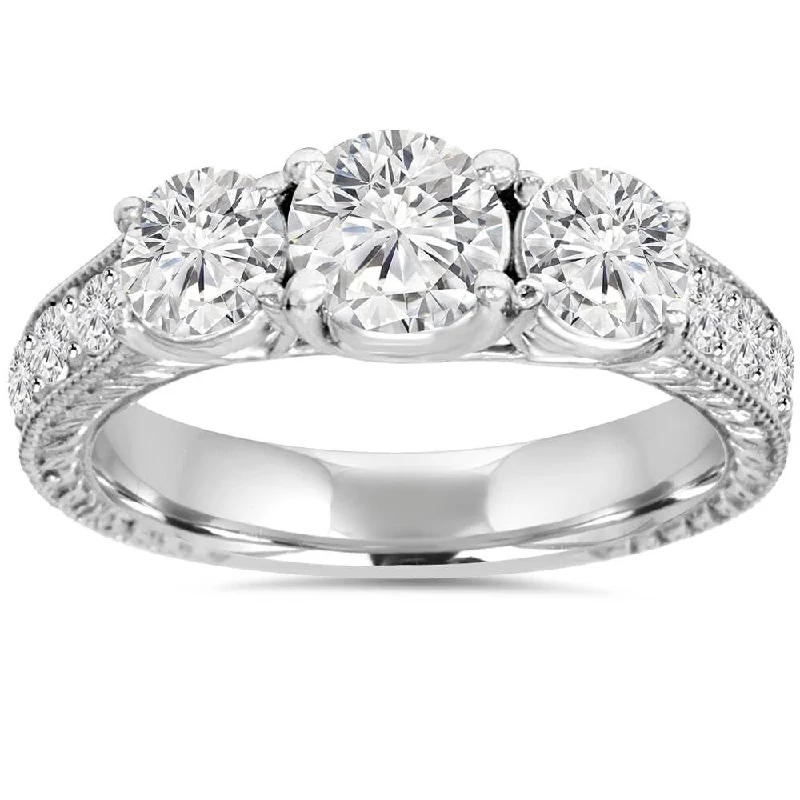 Ladies unique wedding engagement ring-1 3/4ct Vintage Three Stone Round Diamond Engagement Ring White Gold