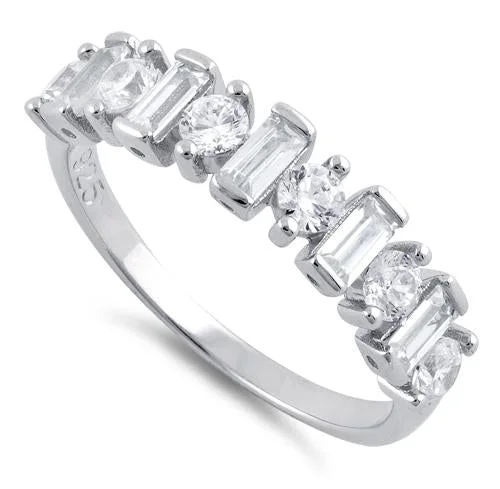 Ladies birthstone ring-Sterling Silver Round & Baguette Clear CZ Ring