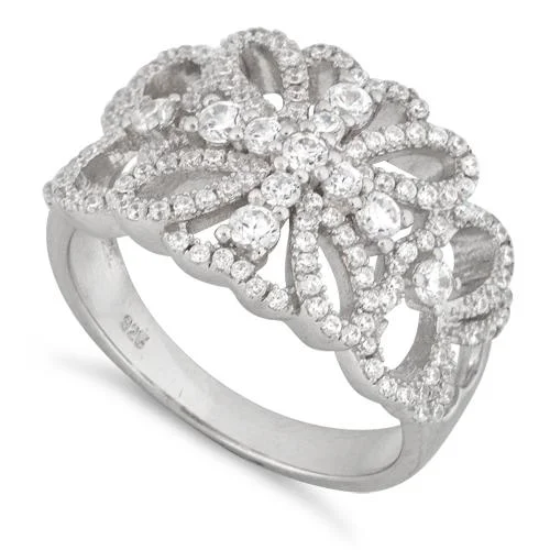 Ladies engagement ring set-Sterling Silver Flower Cross Pave CZ Ring