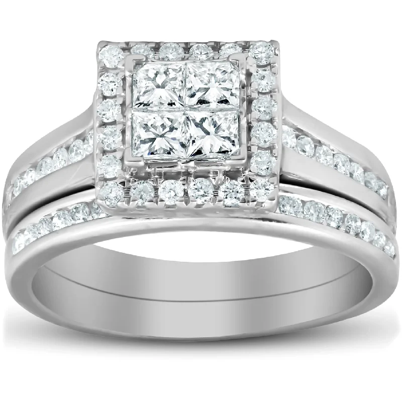 Ladies engagement ring with matching wedding band-1 Ct TDW Princess Cut Halo Diamond Engagement Wedding Ring Set White Gold