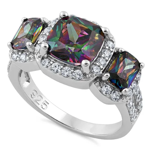 Ladies three-stone ring-Sterling Silver Three Stone Halo Rainbow CZ Ring