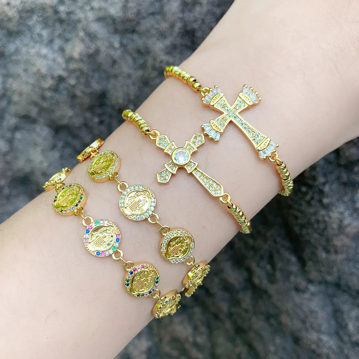 Ladies retro bracelet-Original Design Streetwear Cross Copper Beaded Plating Inlay Zircon 18k Gold Plated Bracelets