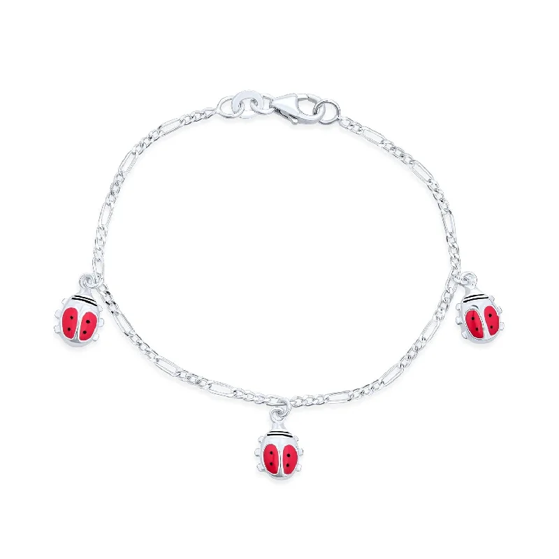 Ladies unique bangle-Pink Ladybug Dangling Charm Bracelet Women .925 Sterling Silver 6 In - Silver Red