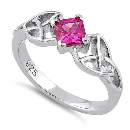 Ladies classic solitaire ring-Sterling Silver Celtic Princess Cut Ruby CZ Ring