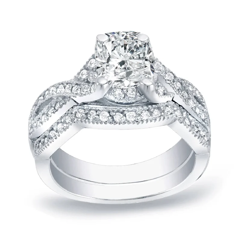 Ladies luxury wedding engagement ring-Auriya Platinum 1ctw Vintage Cushion-cut Diamond Engagement Ring Set