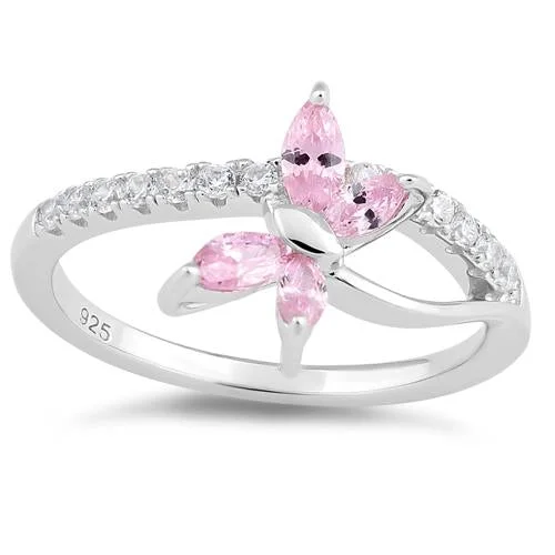 Ladies simple gold ring-Sterling Silver Butterfly Pink CZ Ring