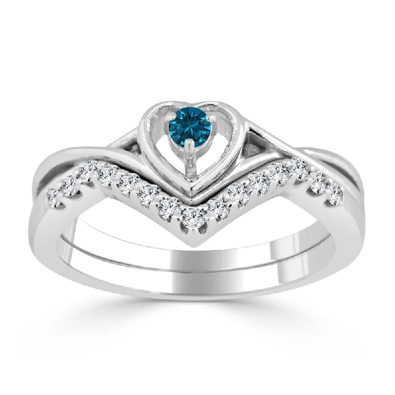 Ladies 14k engagement ring-Auriya 1/4ctw Blue Diamond Accent Heart Engagement Ring Set 14k Gold